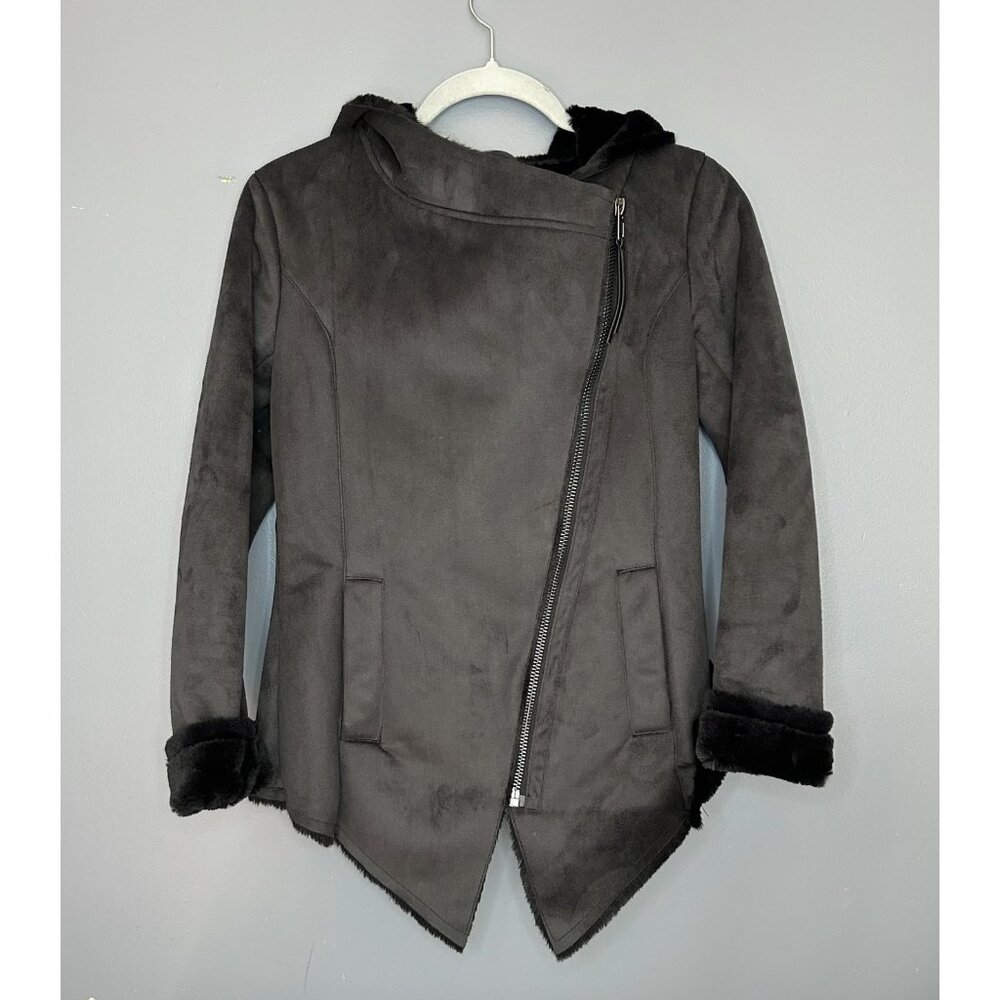 H&M Divided Jacket Womens 4 Black Hooded Faux Suede Shearling Asymetric Zip Moto